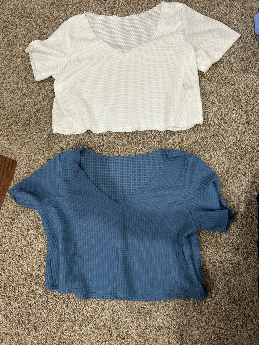 SHEIN White and Blue V-Neck Waffle Knit Crop Tops (2-Pack)